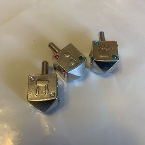 3 Vintage Hanukkah Metal Dreidel Spinner with Rhinestones 4 Sided 1.5”